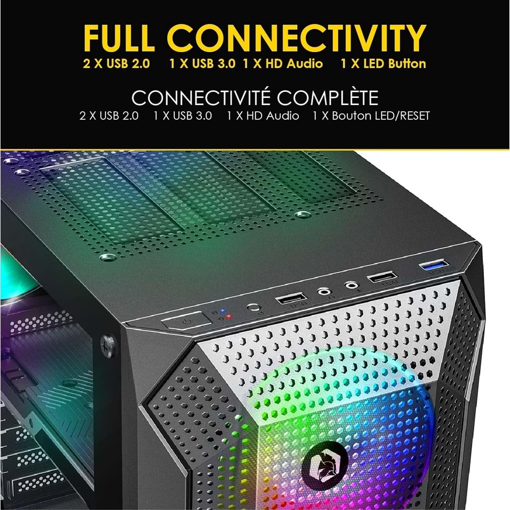 EMPIRE GAMING - PC Gamer Case Ruby - ARGB Mid-Tower ATX, mATX, ITX -Ön Ağ -Akrilik Cam Yan Duvar -4 3-Pin Fanlar 5 Volt 120 mm Adreslenebilir RGB LED -MB Sync – Siyah
